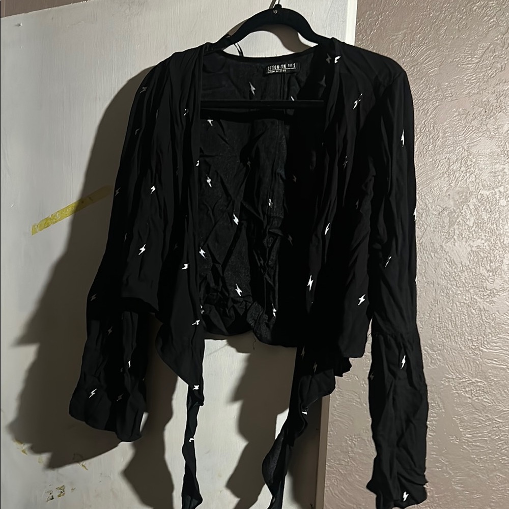 Black Wide Sleeve Wrap Crop Top with Lightning Print